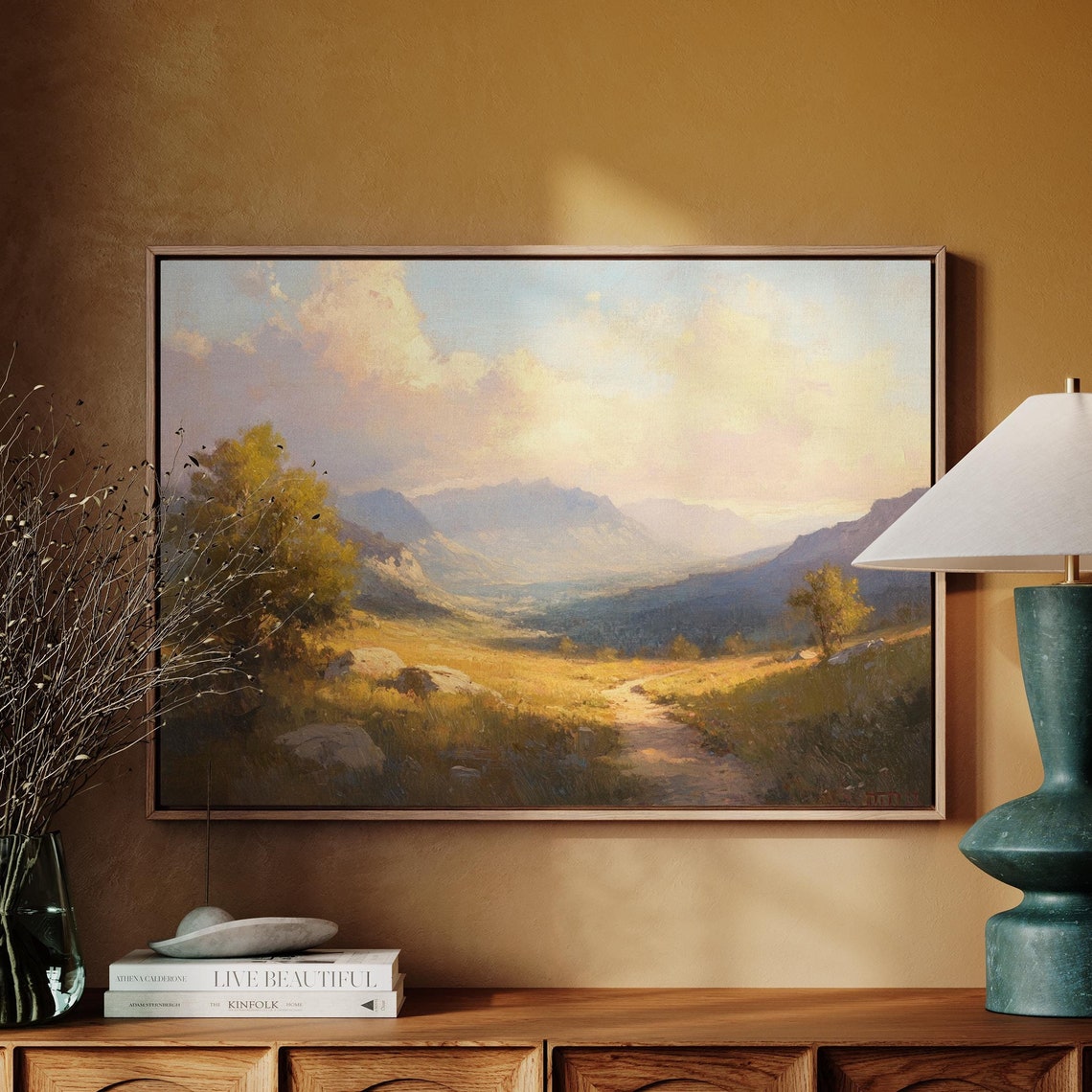 Golden Valley Mountain Path Warm Sunset Countryside Landscape Poster