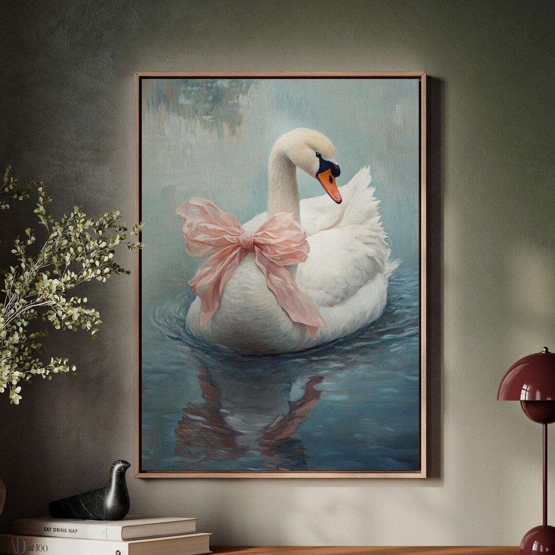 White Swan Pink Bow Blue Water Serene Oil Painting Nature Wall Art