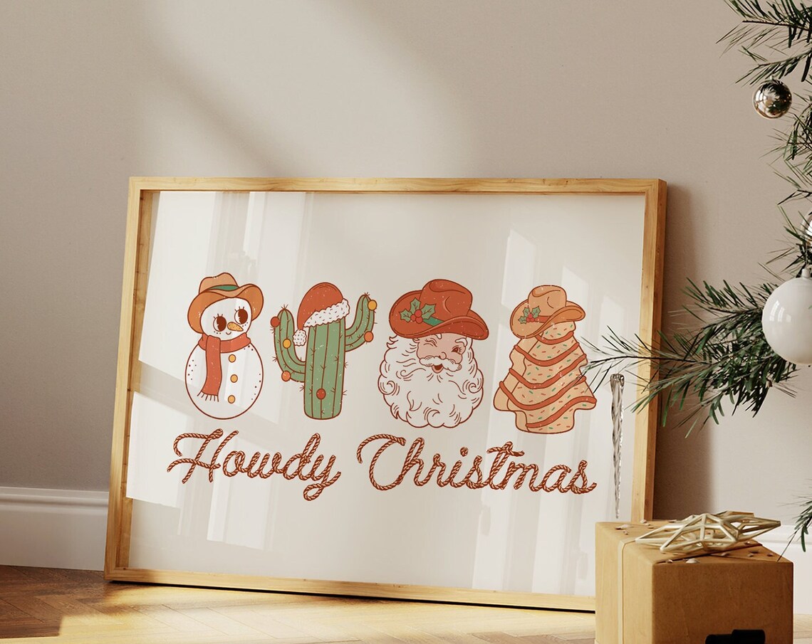 Howdy Christmas Print Cowboy Christmas Ornaments Country Christmas Merry Howdy Christmas Retro Christmas Print Western Christmas Art