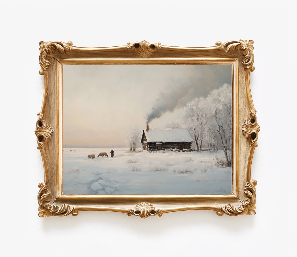 Snow Covered Log Cabin Smoking Chimney Horses Frosty Field Poster - Image 3