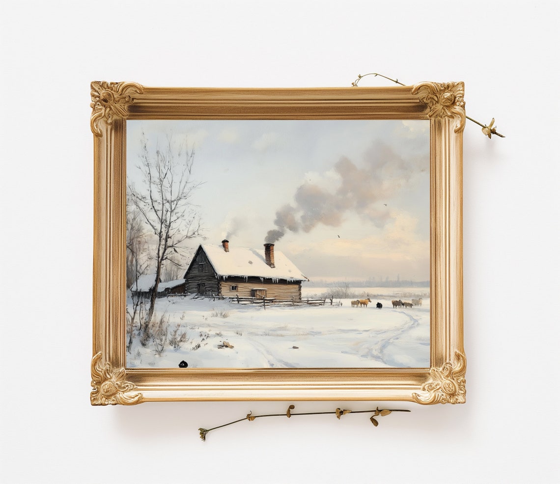 Log Cabin Winter Farm Horses Snowfield Fence Rustic Country Poster - Image 2
