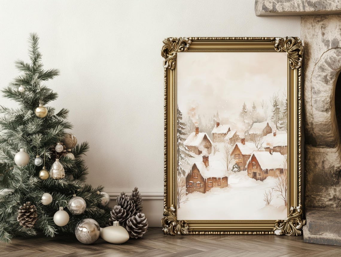 Muted Winter Village Snow Scene Rustic Watercolor Christmas Poster - Image 4
