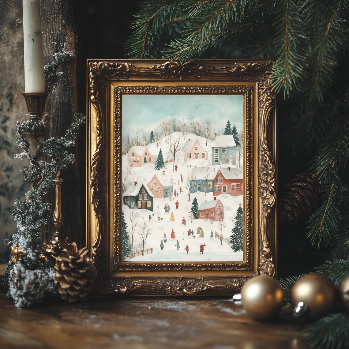 Pink Christmas Village Pastel Winter Snow Children Playing Poster - Image 4
