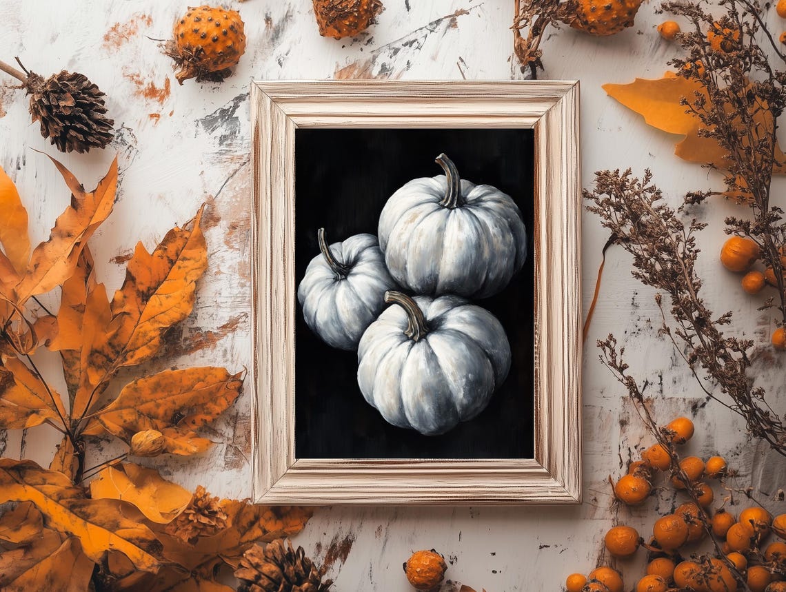 Three White Pumpkins Black Gothic Fall Harvest Still Life Poster - Image 3