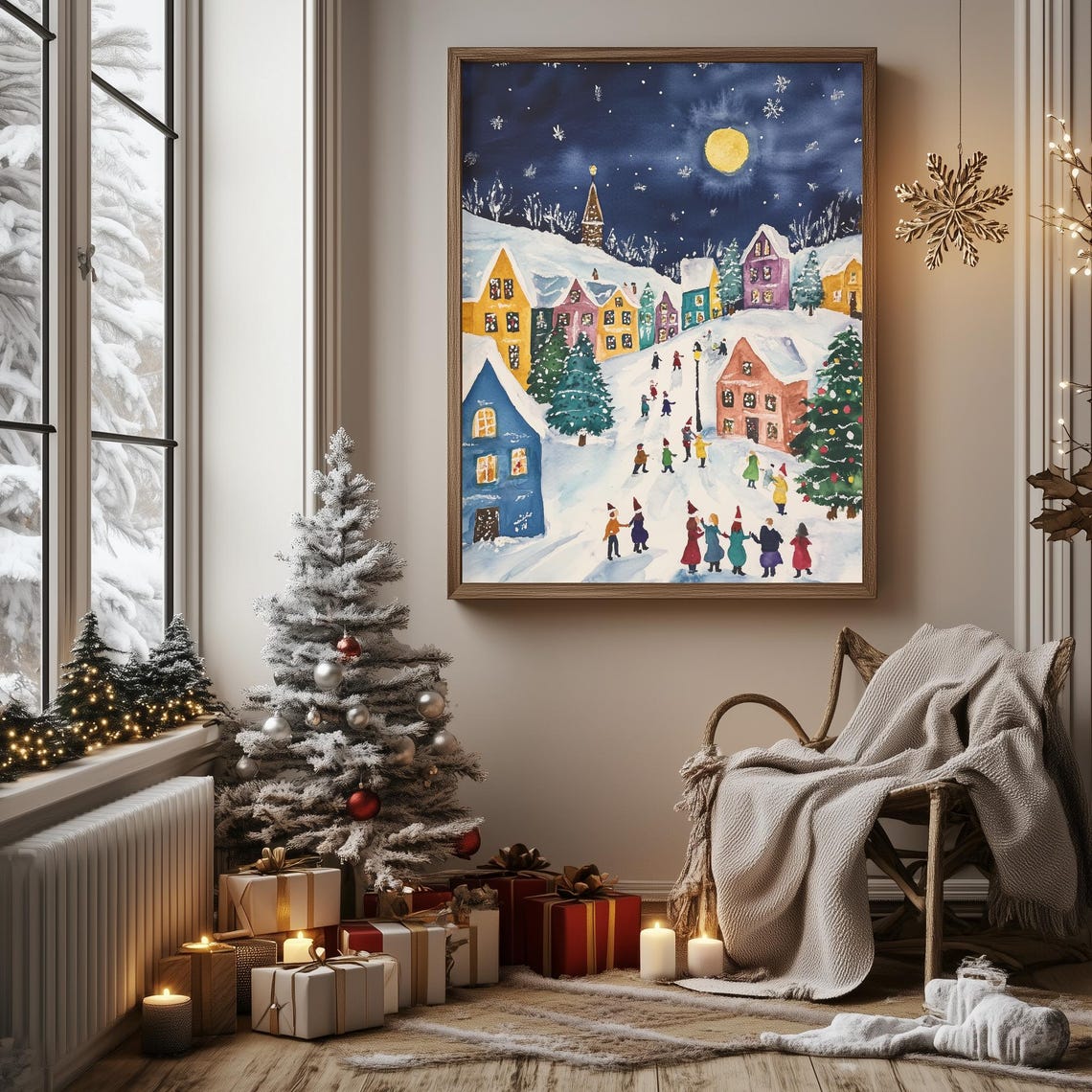 Pink Christmas Village Night Scene Moonlit Watercolor Holiday Poster - Image 3