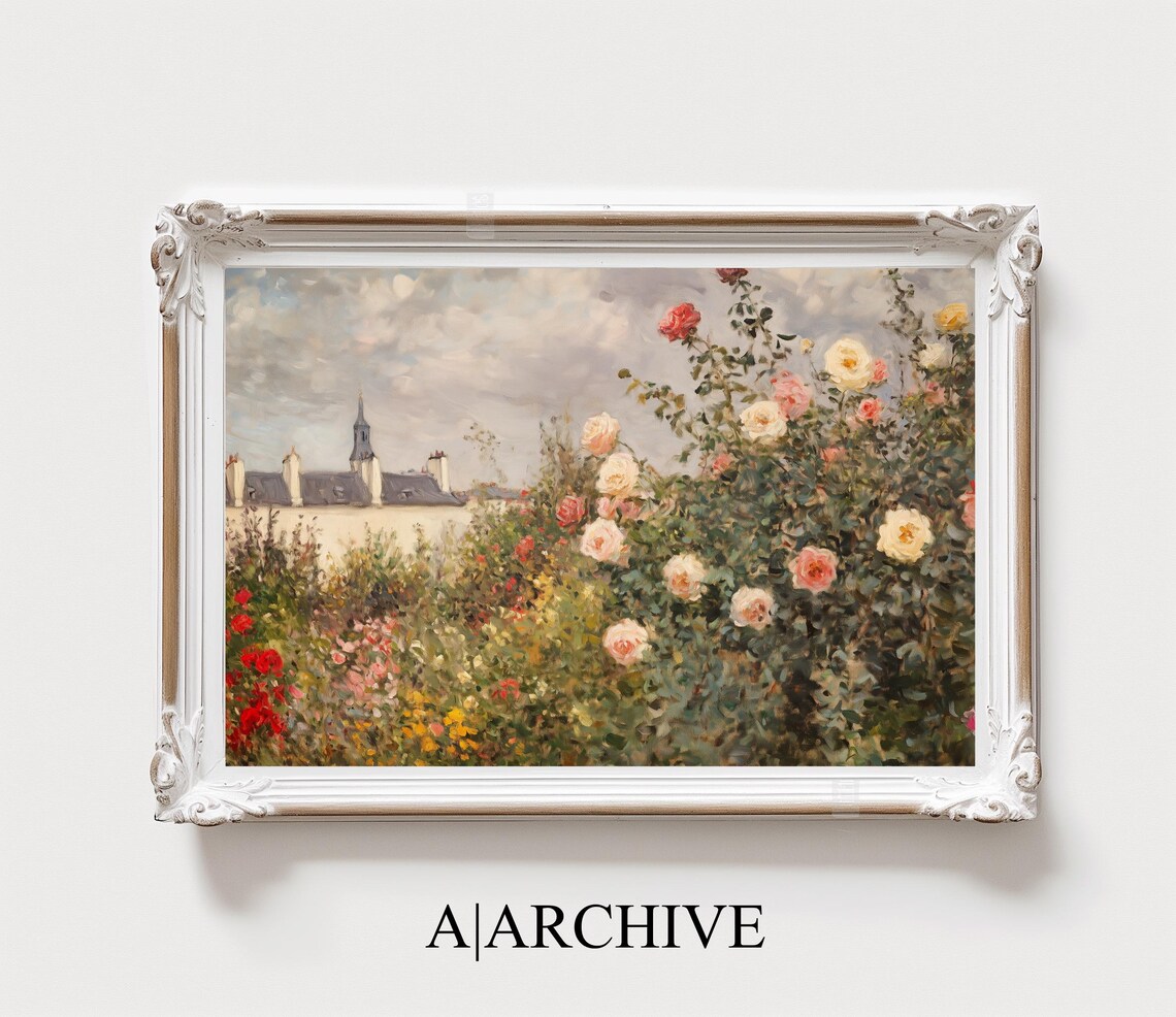 Cream and Red Roses Over Village Rooftops Vintage Art Poster - Image 4