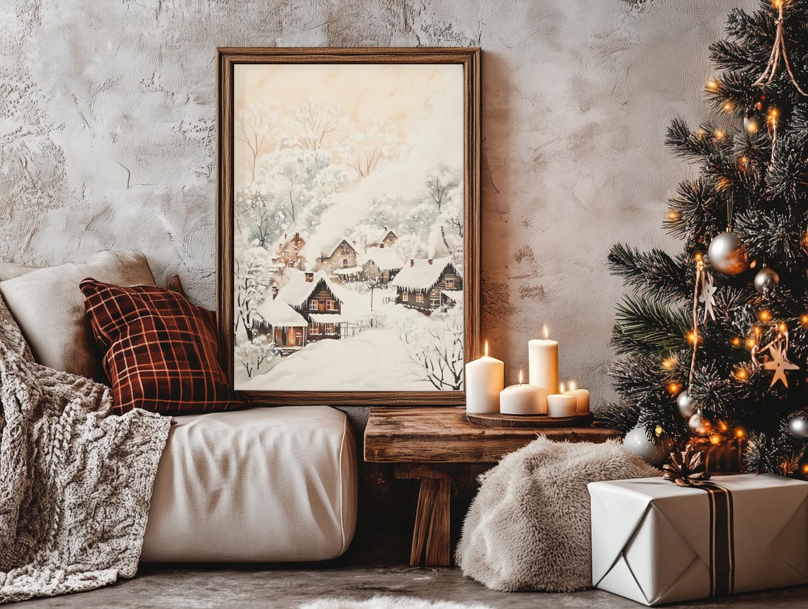 Rustic Winter Cabins Snow Scene Watercolor Christmas Holiday Poster - Image 3