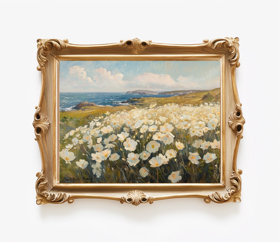 White Cosmos Flower Field Coastal Cliffs Sea Summer Landscape Poster - Image 4