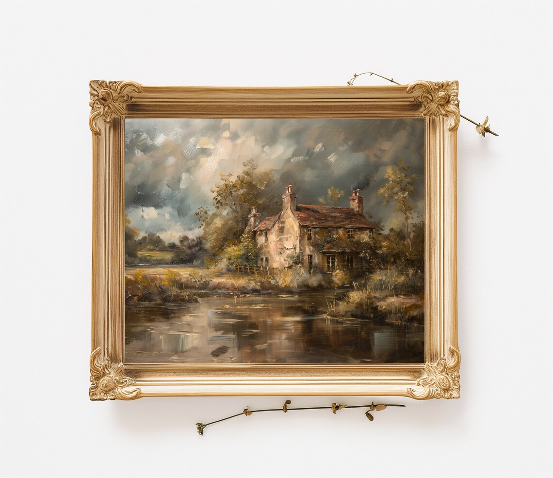 Antique Oil Painting Cottage by Lake Moody Sky Vintage Print - Image 3