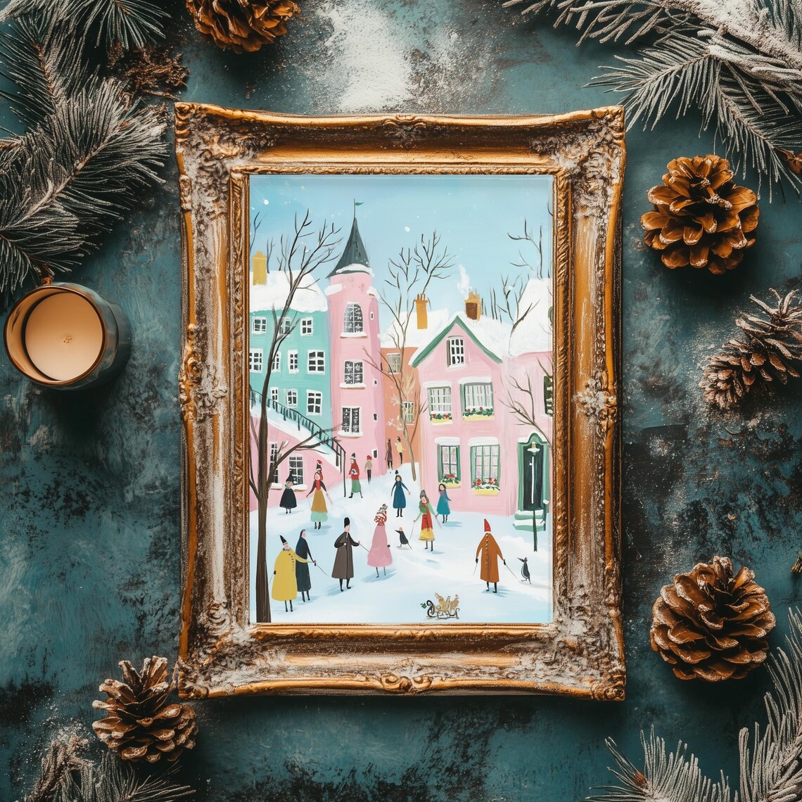 Colorful Pastel Winter Village Street Scene Retro Holiday Poster - Image 2