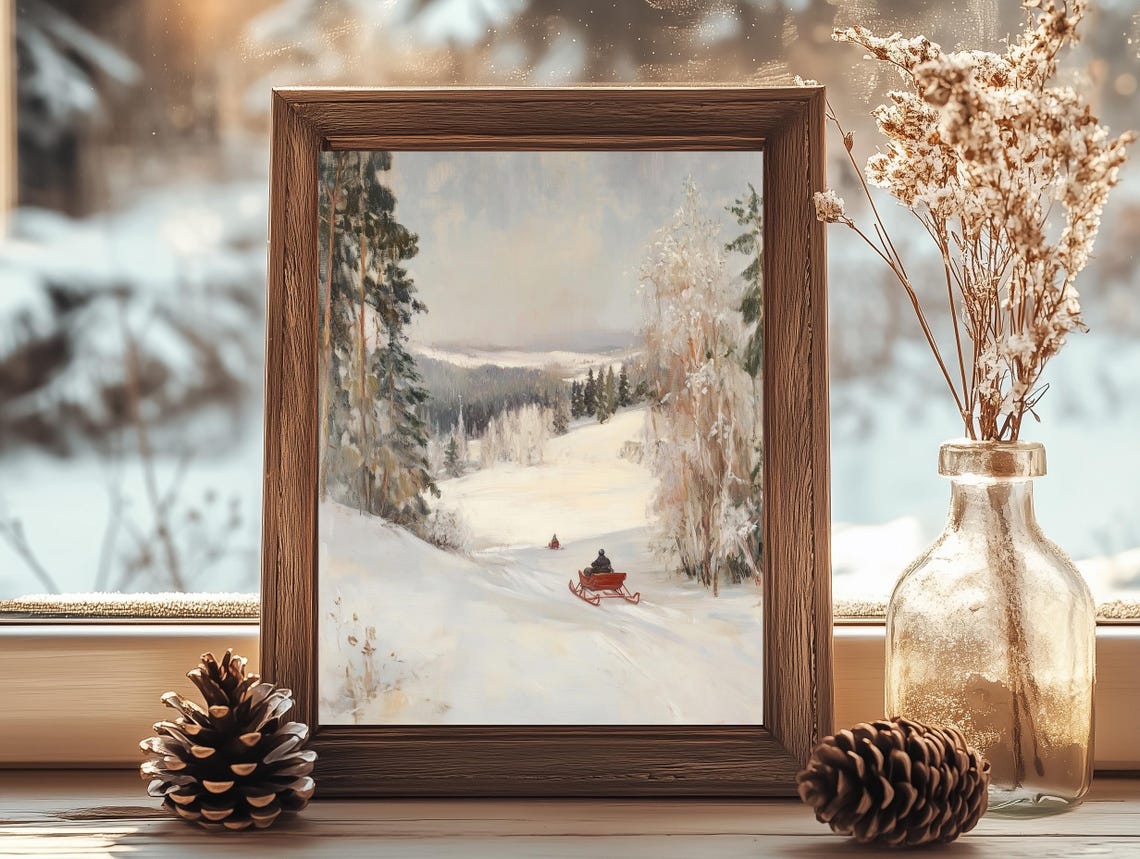 Red Sleigh Rider Snowy Winter Valley Pines Vintage Christmas Poster - Image 2