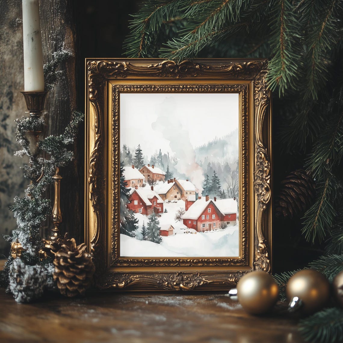 Red Winter Village Snow Scene Watercolor Rustic Christmas Poster - Image 4