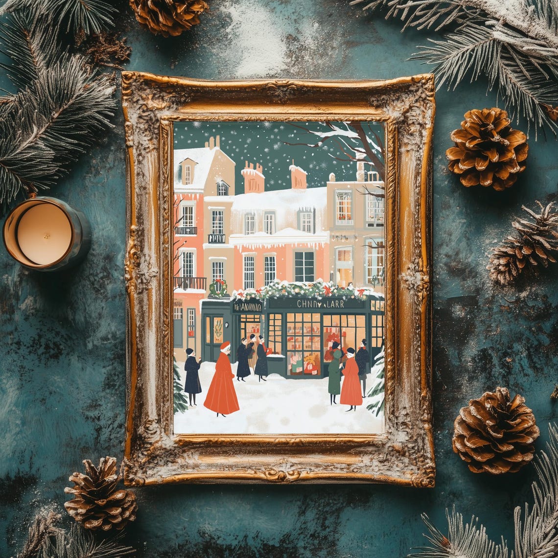 Festive Christmas Storefront Night Shoppers Teal Snow Holiday Poster - Image 2
