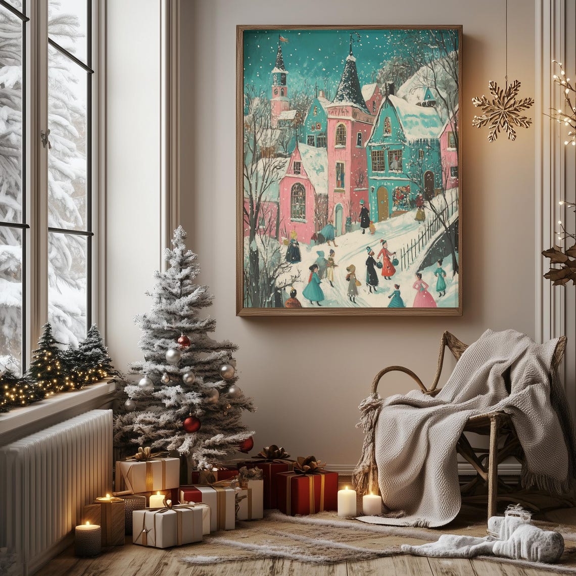 Christmas Village Night Scene Winter Street Retro Holiday Poster - Image 3