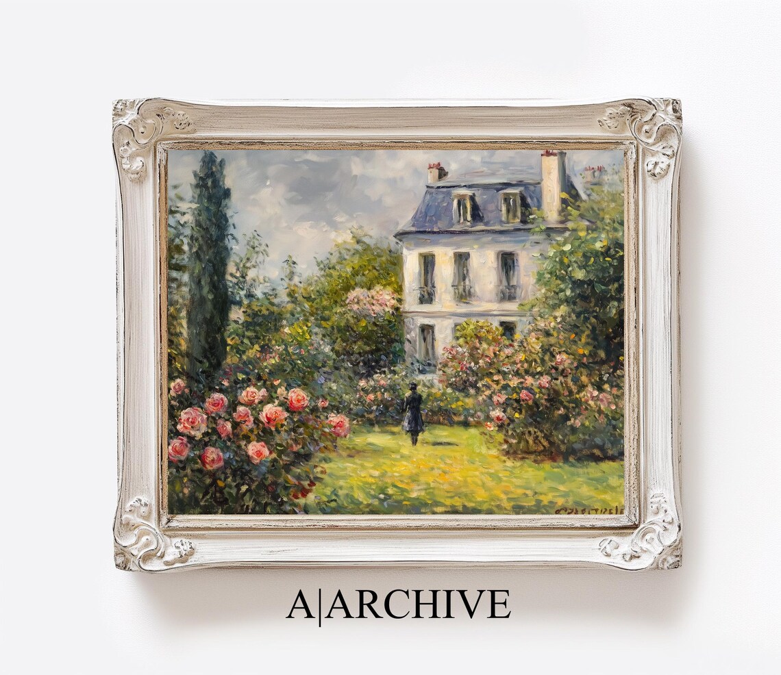 Village Cottage Rose Garden with Cypress Vintage Oil Art Poster