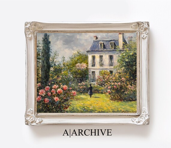 Village Cottage Rose Garden with Cypress Vintage Oil Art Poster