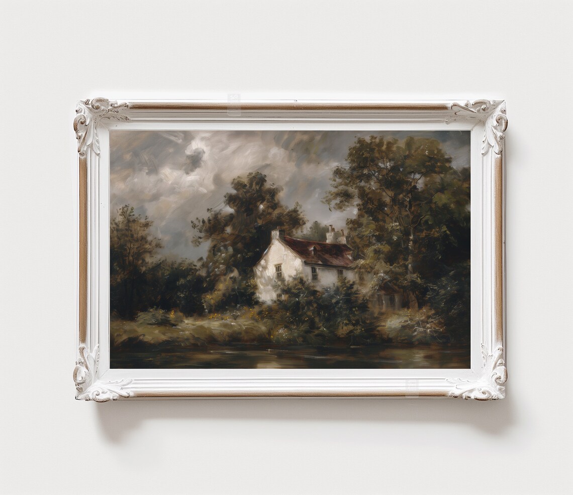 Antique Oil Painting Cottage by River Dark Trees Moody Print