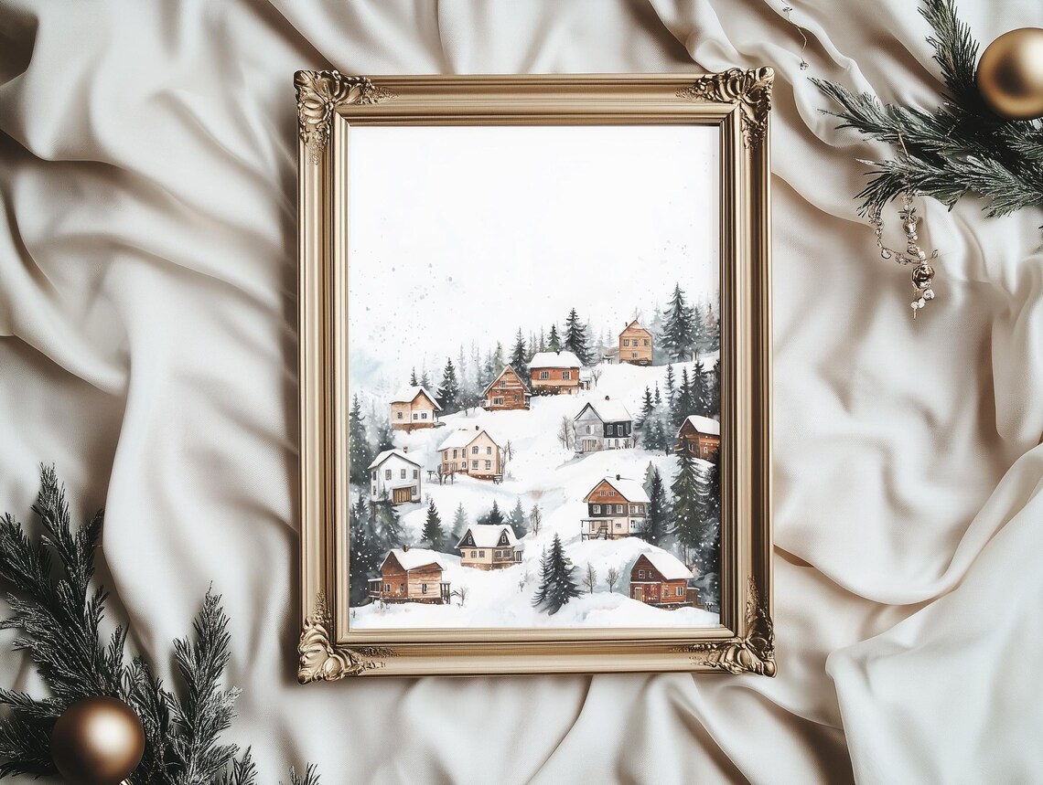 Snowy Village Watercolor Cabins Among Pine Trees Winter Scene Poster - Image 2
