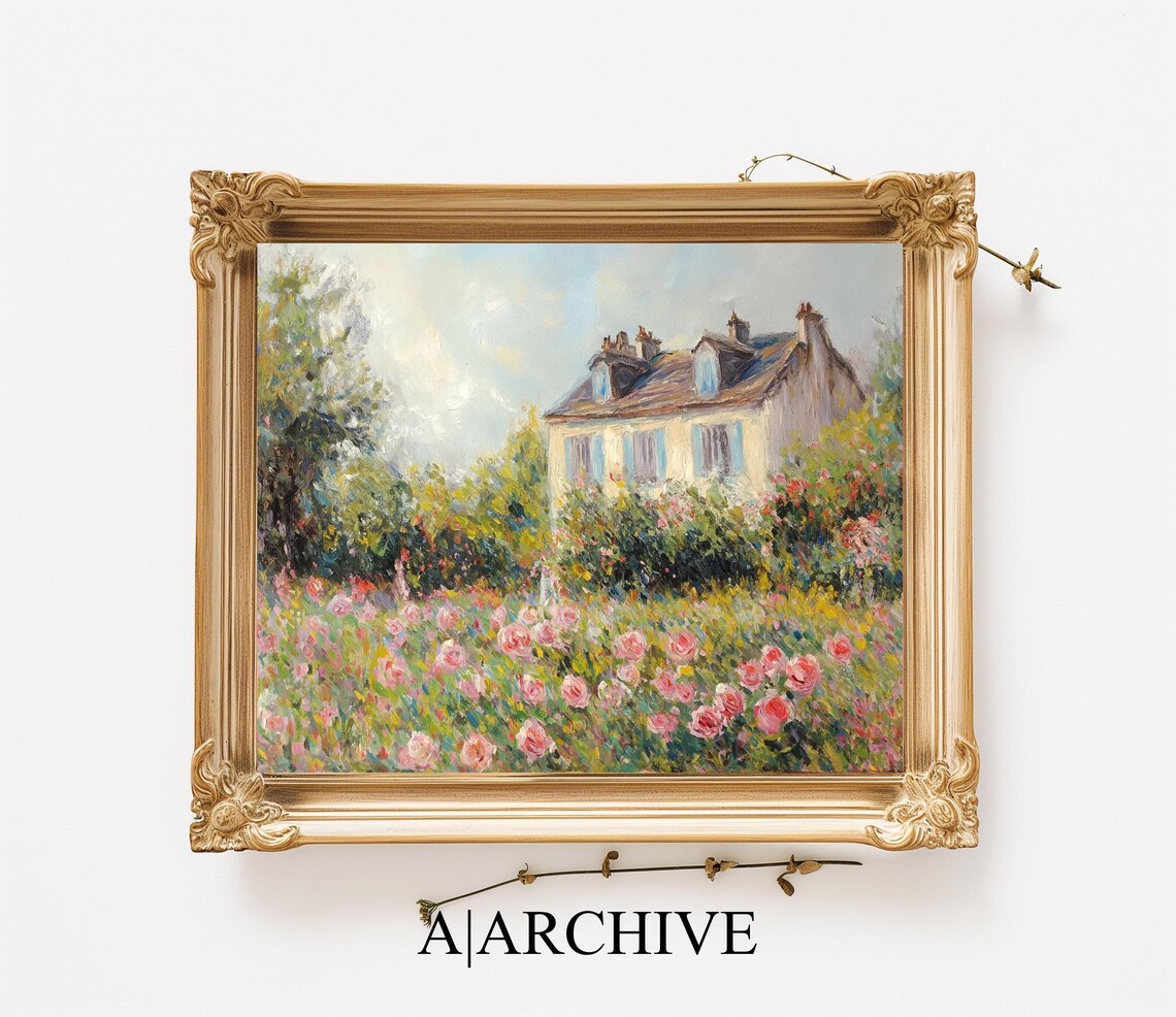 Cottage Behind a Field of Pink Roses Vintage Oil Painting Poster - Image 2