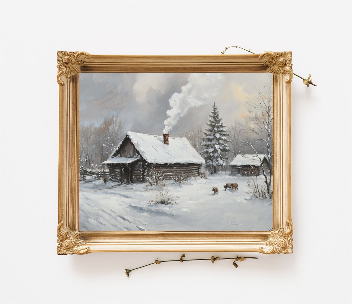 Rustic Log Cabin Snow Chimney Smoke Winter Farm Vintage Art Poster - Image 2