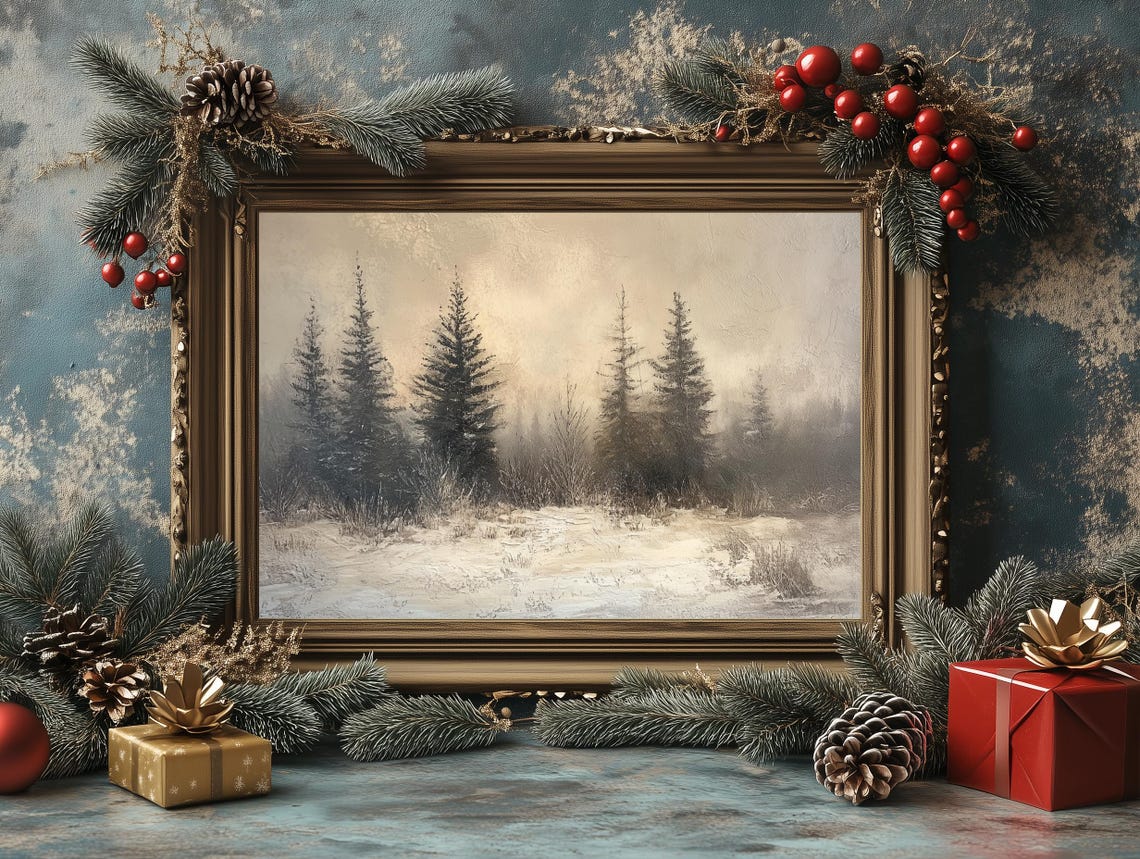 Tall Dark Pine Trees Snowy Field Pale Sky Winter Landscape Poster - Image 4