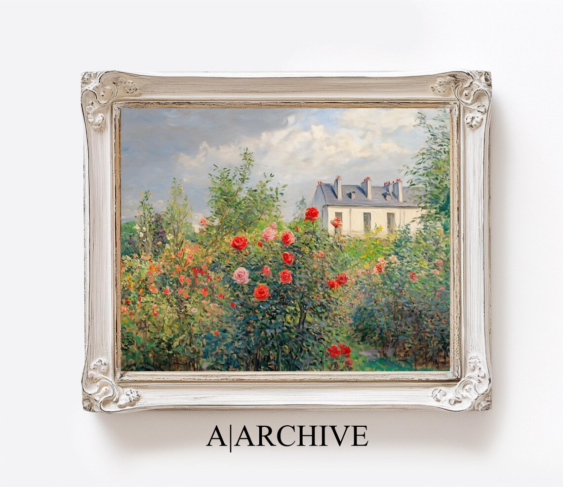 Red Roses and Village House in Summer Vintage Oil Painting Poster