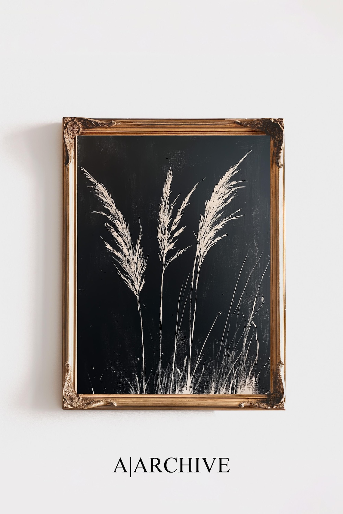 Dried Grass Botanical Silhouettes White on Black Minimal Art Poster