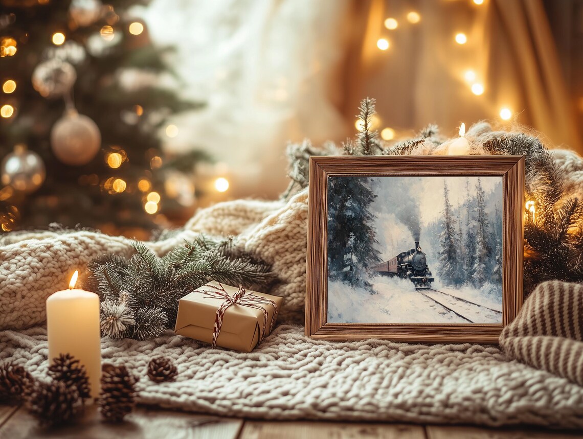 Vintage Steam Train Snowy Pine Forest Winter Scene Christmas Poster - Image 3