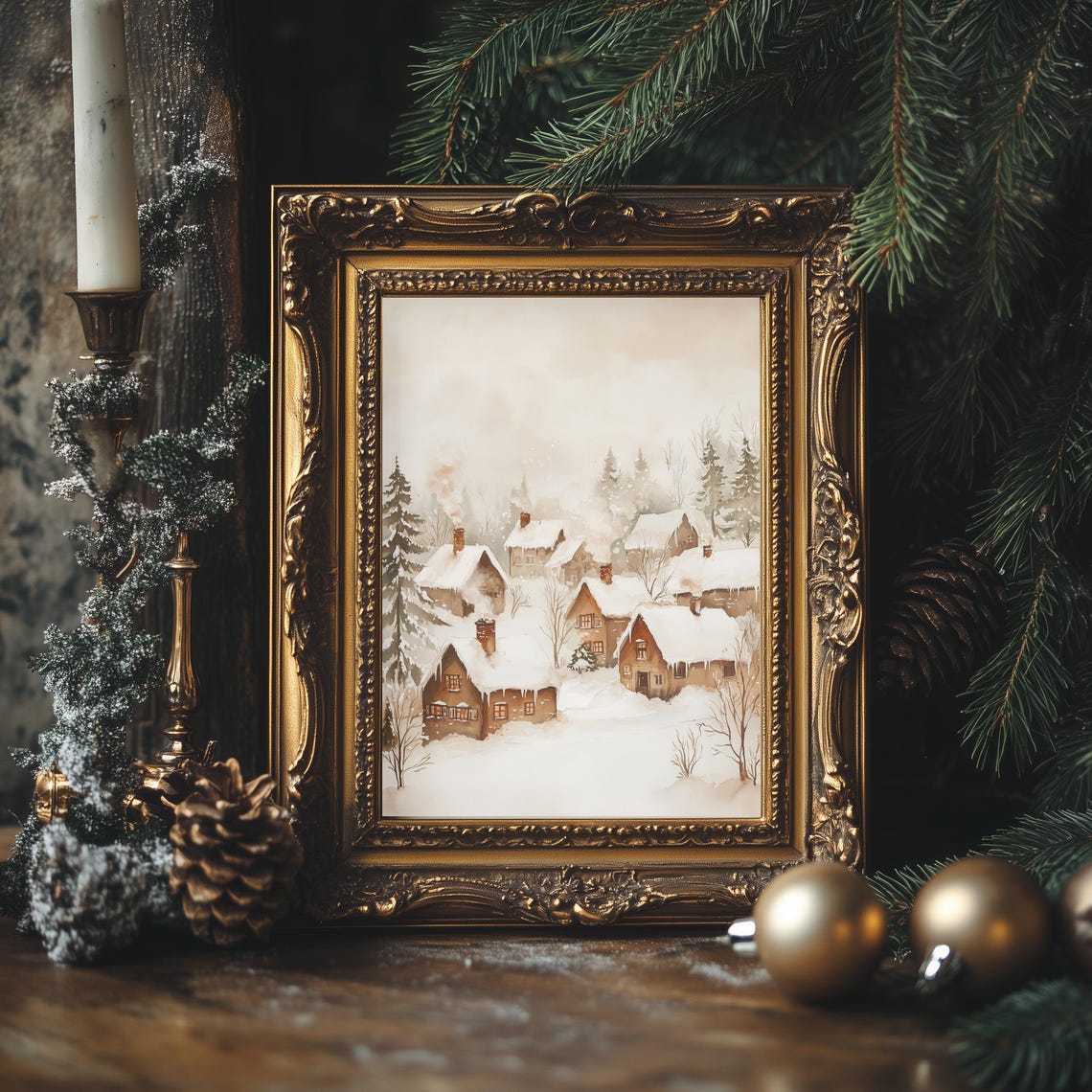 Muted Winter Village Snow Scene Rustic Watercolor Christmas Poster - Image 3