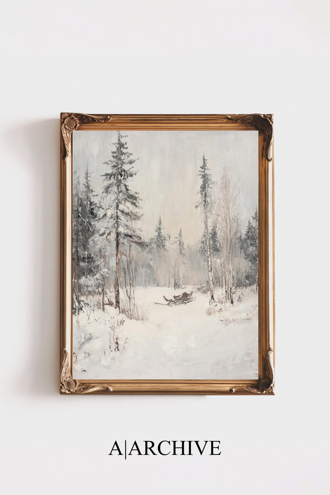 Snowy Pine Forest with a Resting Sled Vintage Winter Art Poster