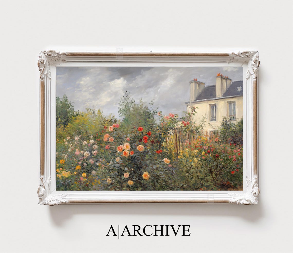 Wild Rose Garden Under a Cloudy Sky Vintage Oil Painting Poster - Image 2