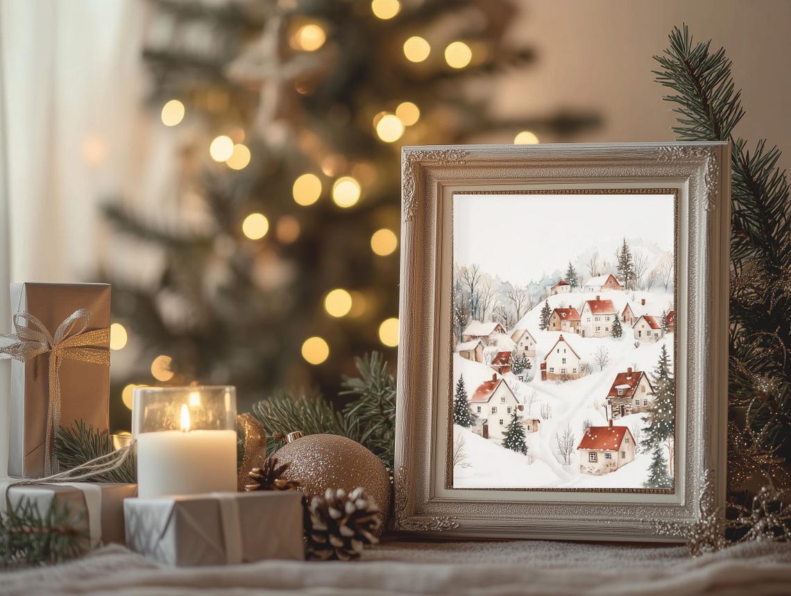 Winter Village Red Roofs Snowy Hillside Path Pines Christmas Poster - Image 4