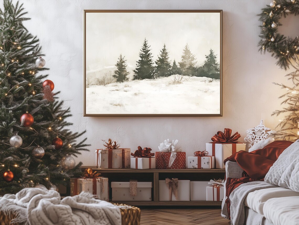 Minimalist Pine Trees Snowy Winter Field Neutral Farmhouse Poster - Image 2