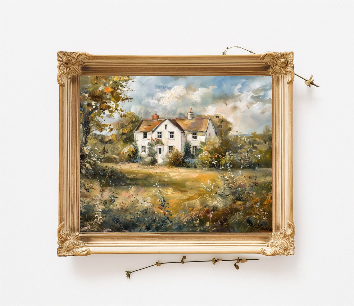 Sunlit Farmhouse Meadow Antique Oil Painting Country Landscape Print - Image 2