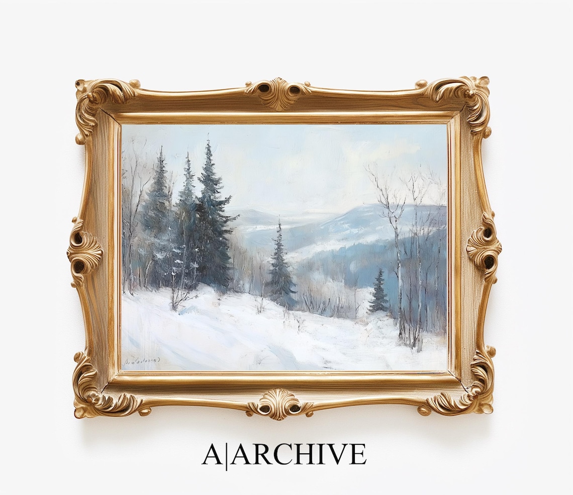 Misty Snowy Mountain Pines Winter Landscape Oil Painting Poster - Image 3