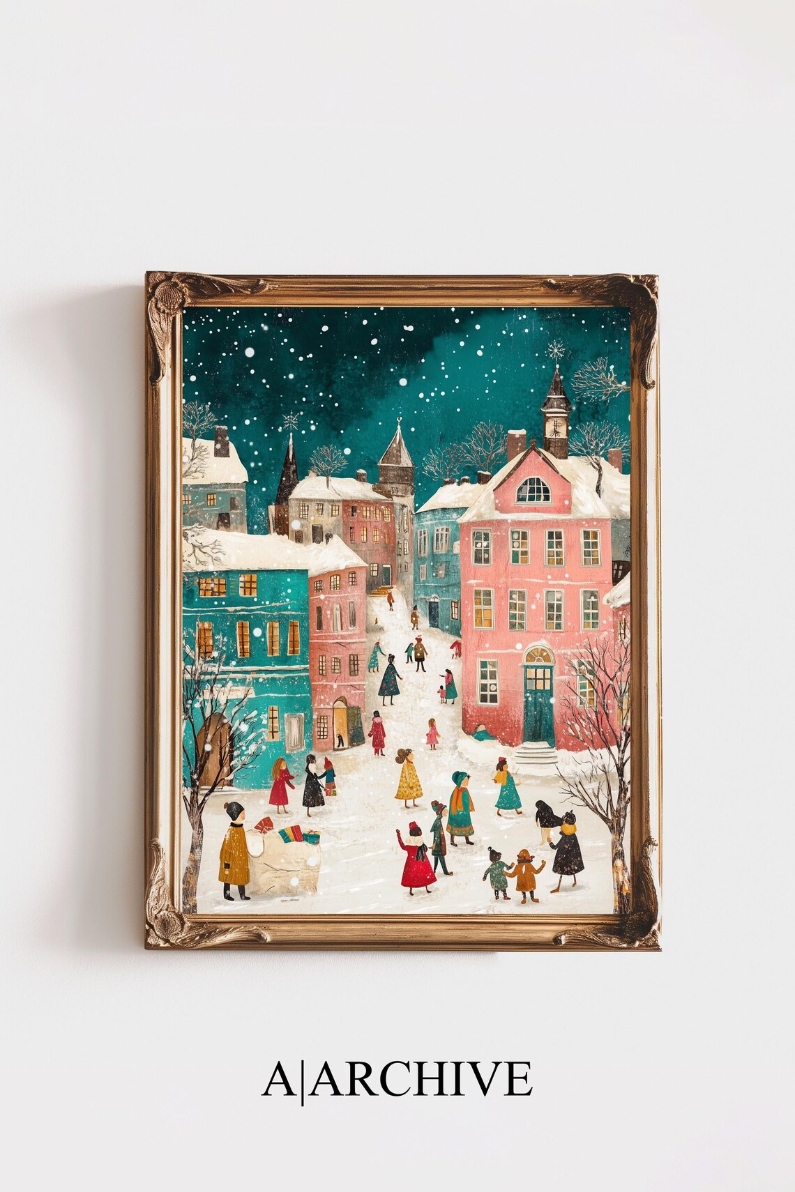 Colorful Winter Village Night Scene Retro Christmas Holiday Poster