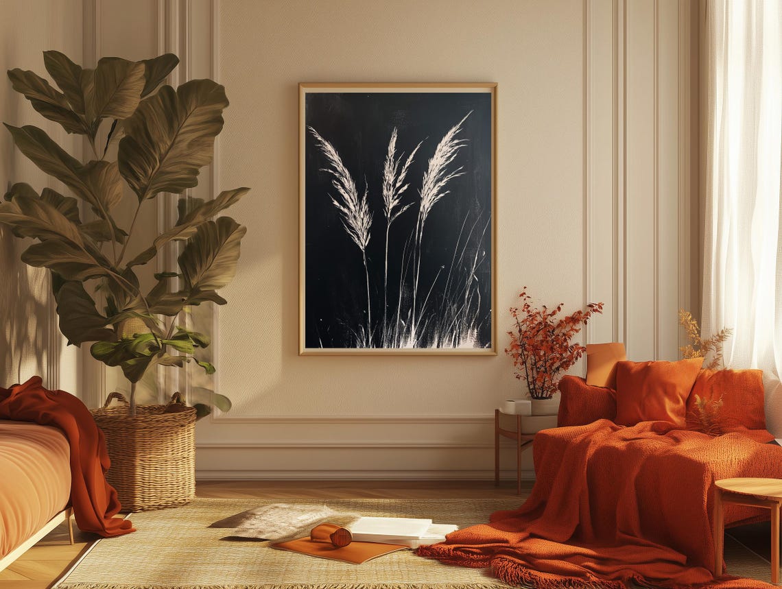 Dried Grass Botanical Silhouettes White on Black Minimal Art Poster - Image 2
