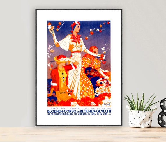 Bloemen Corso En Bloemen Gevecht Brussels Vintage Travel Poster Poster Paper Or Print Gift Idea Wall Decor