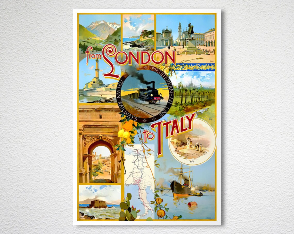 From London to Italy Mediterranean Line Vintage Travel Poster - Image 2