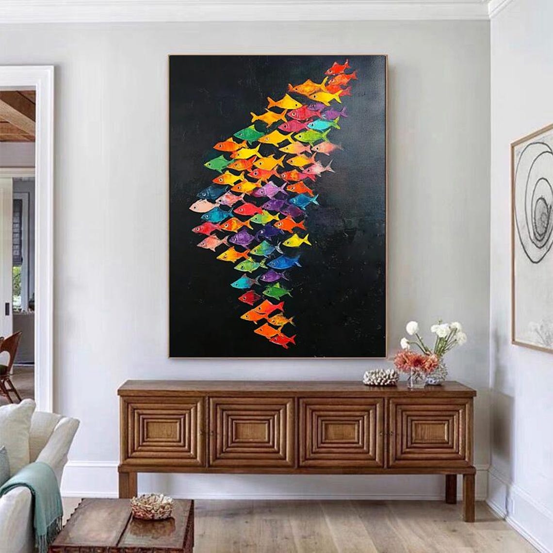 Colorful School of Tropical Fish on Dark Black Background Poster - Image 4
