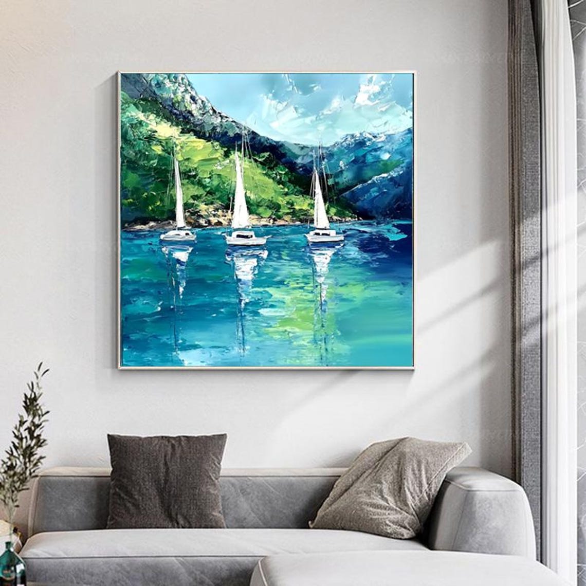 Three White Sailboats Sailing in a Turquoise Mountain Bay Poster - Image 6
