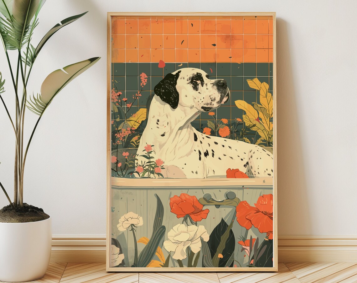Harlequin Great Dane in Bathtub Orange Tiled Floral Dog Poster