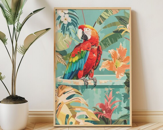 Scarlet Macaw Parrot Bathing in a Tropical Jungle Botanical Poster