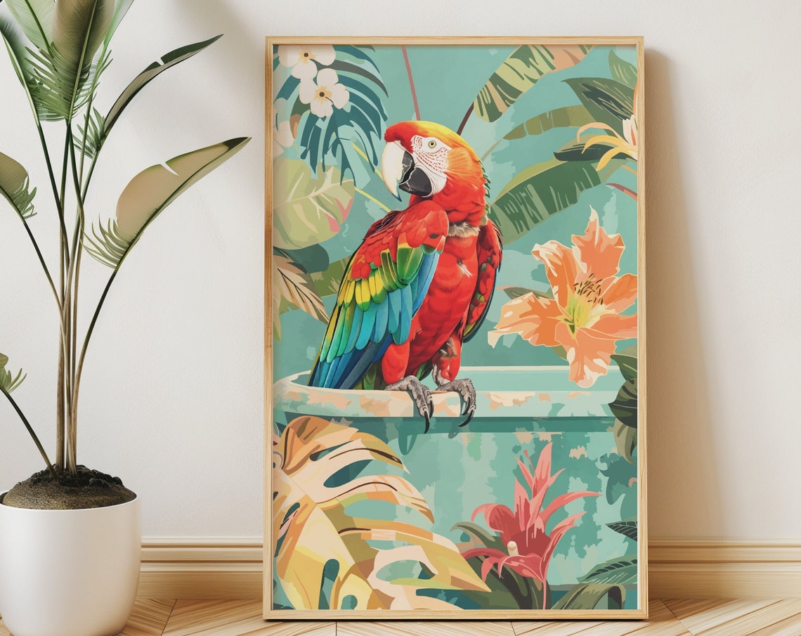 Scarlet Macaw Parrot Bathing in a Tropical Jungle Botanical Poster