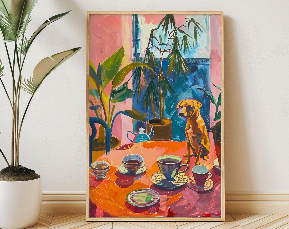 Tan Dog with Teacups Fauvist Orange Table Kitchen Art Poster