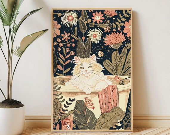 Persian Cat Wall Art On Fine Art Paper Boho Kitten Jungle Bathroom Print Maximalist Botanical Painting Eclectic Tropical Poster Nursery