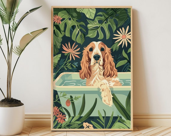 Cocker Spaniel Wall Art On Fine Art Paper Boho Jungle Bathtub Print Maximalist Botanical Decor Eclectic Tropical Poster Kid Room Nursery