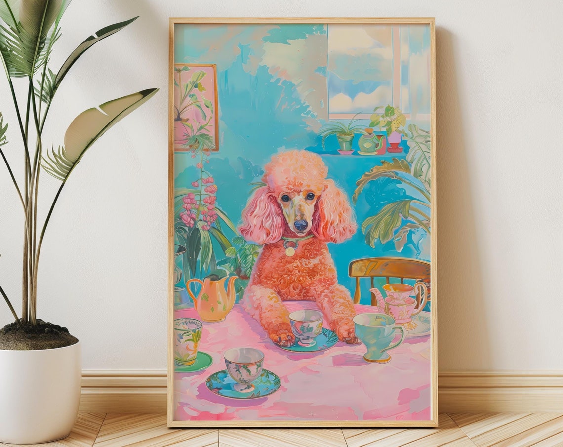 Pink Poodle Tea Party Teacups Retro Kitchen Sunny Dog Poster