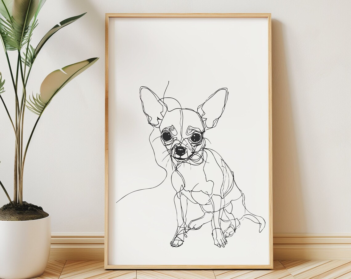 Chihuahua Sitting Tiny Big Ears Playful Line Drawing Art Poster