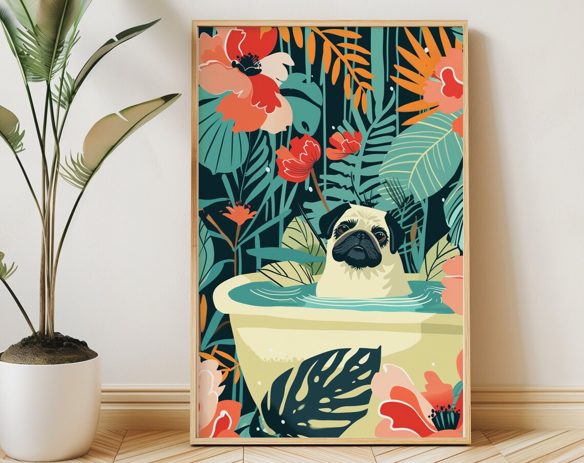 Pug in Bathtub Watercolor Wall Art Tropical Floral Nursery Decor